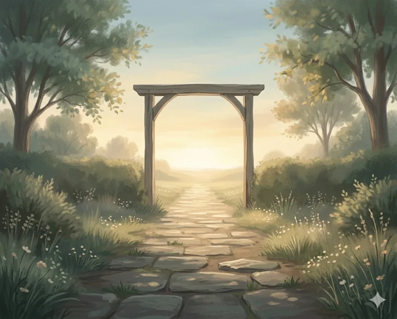 Symbolic illustration — a stone path through an arch toward sunrise, suggesting hope and moving forward