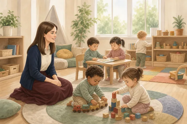 Illustration of a safe playgroup room with toddlers and a caregiver