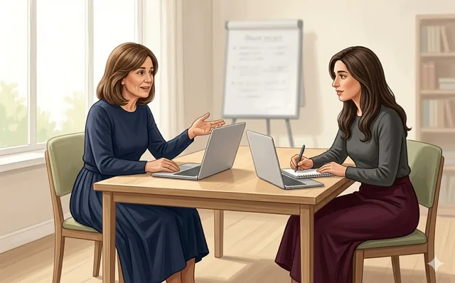 Illustration of two women learning together with laptops in a training room