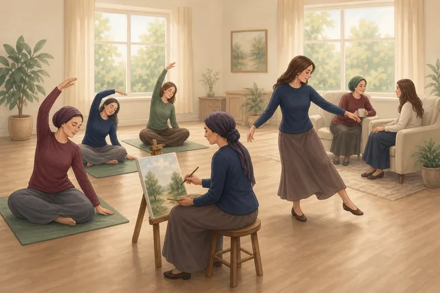 Illustration of women taking part in community wellbeing activities — exercise, art, and dance