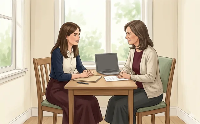 Illustration of coaching for employment—two women talking across a desk by a window